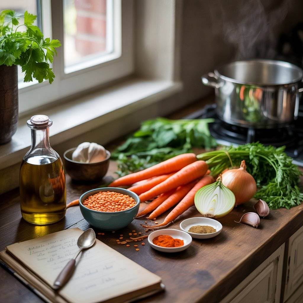 Illustrated home kitchen workspace with ingredients arranged for daily meal preparation