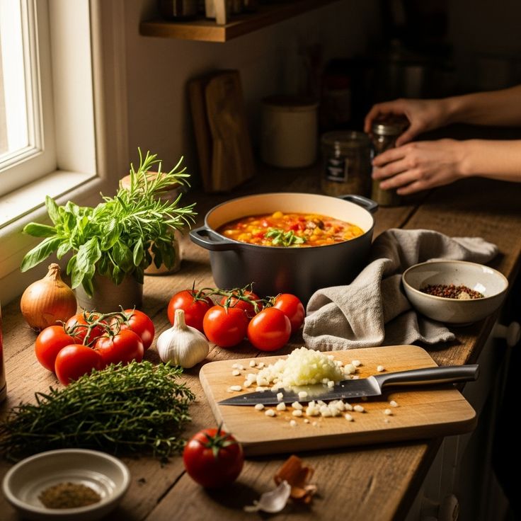 Illustration of three seasonal plated dishes representing varied daily recipe options